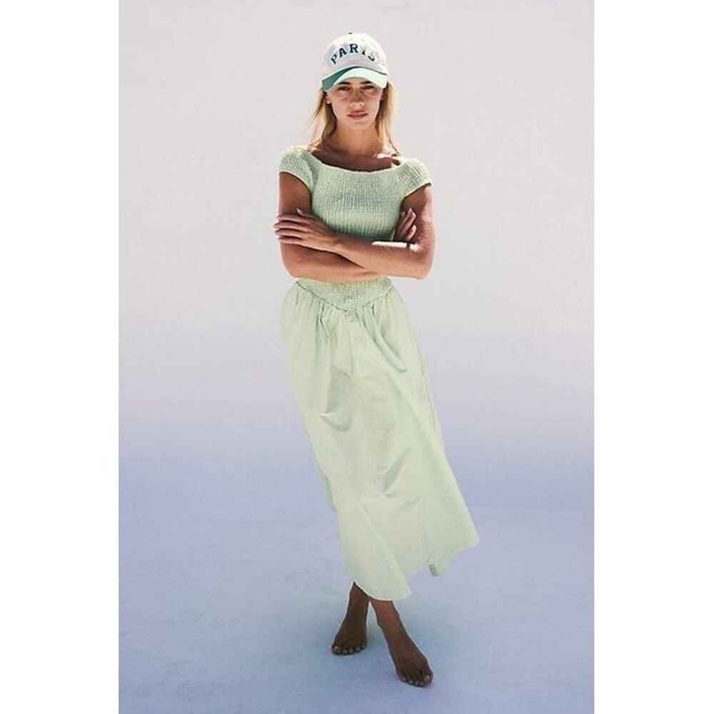 New Free People Ceci Smocked Midi Dress Free-est $98 Large Green POPLIN